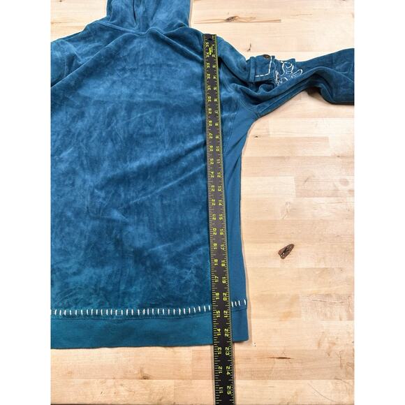 90’s Y2K Twisted Heart Teal Hooded Velour Floral Rhinestone Jacket Women’s Sz S - Picture 5 of 7